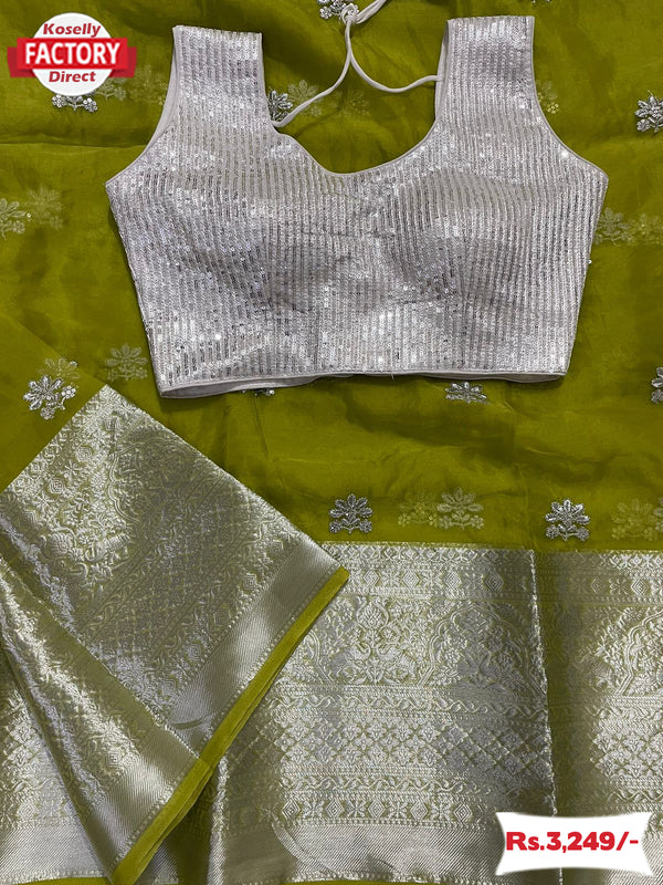 Pure Organza Embroidered Saree With Readymade Blouse
