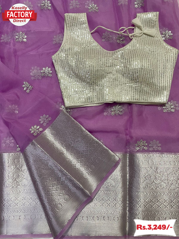 Pure Organza Embroidered Saree With Readymade Blouse