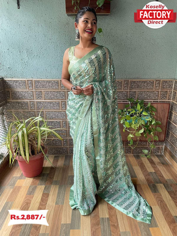 Sea Green Georgette Saree With Sequins Embroidery