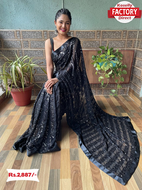 Black Georgette Saree With Sequins Embroidery