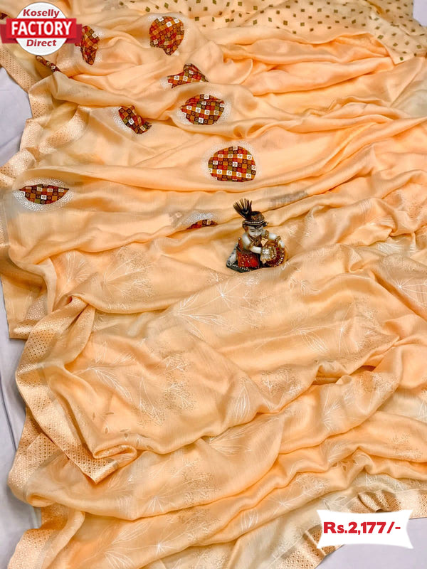 Light Orange Moss Chiffon Saree With Foil Embroidery