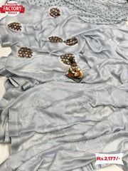 Silver Moss Chiffon Saree With Foil Embroidery