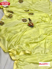 Lemon Moss Chiffon Saree With Foil Embroidery