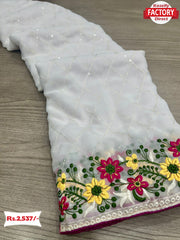 White Georgette Embroidered Cross Sequins Saree