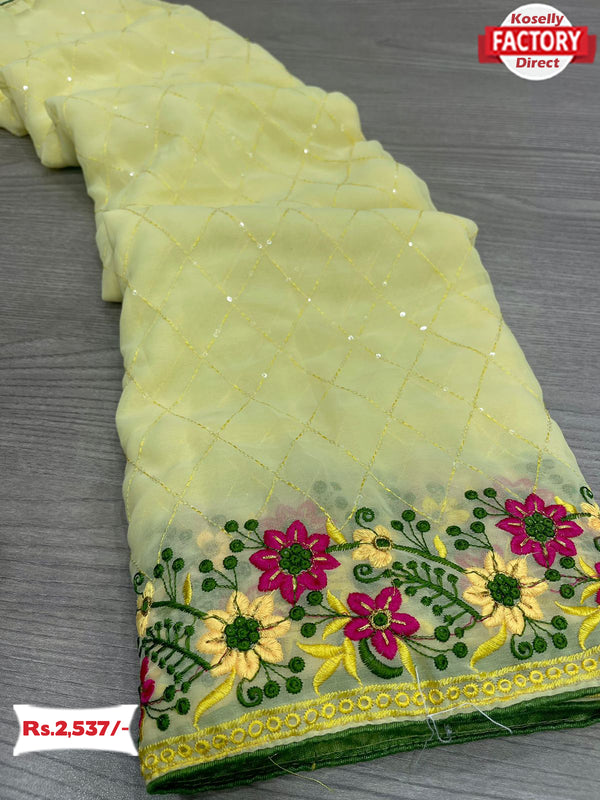 Lemon Yellow Georgette Embroidered Cross Sequins Saree