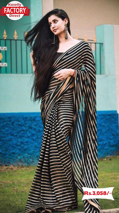 Black Pure Georgette Zari Stripes Saree With Readymade Blouse