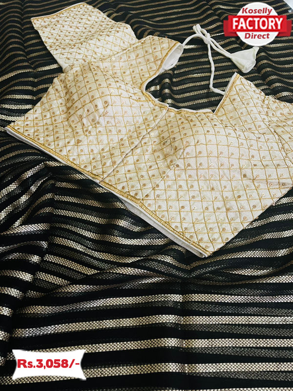 Black Pure Georgette Zari Stripes Saree With Readymade Blouse