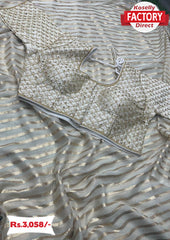 White Pure Georgette Zari Stripes Saree With Readymade Blouse