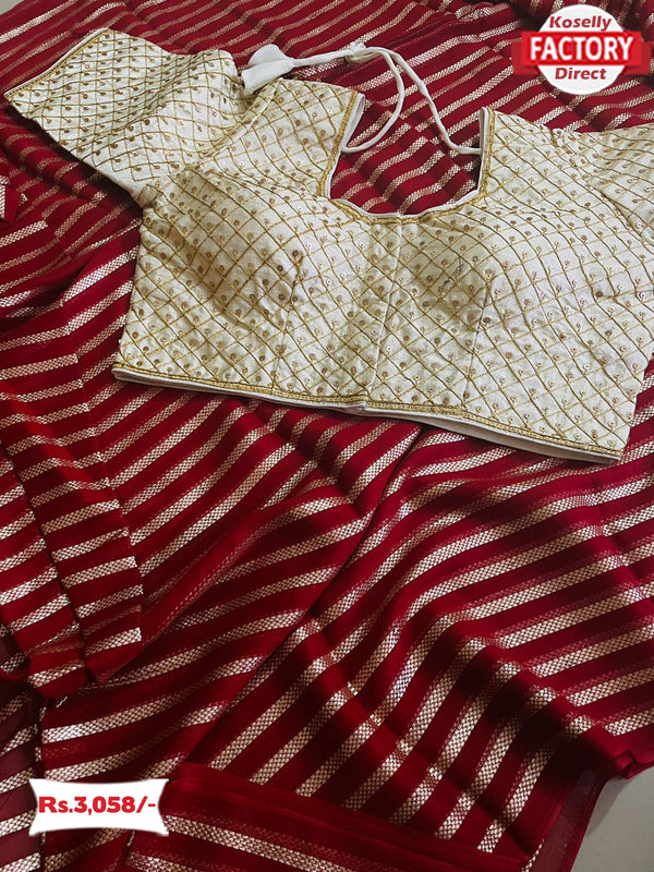 Dark Red Pure Georgette Zari Stripes Saree With Readymade Blouse