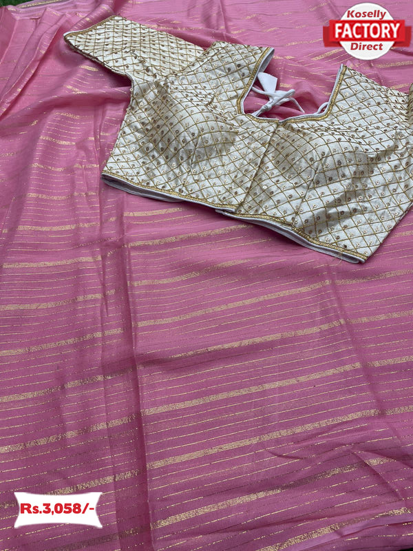 Pink Pure Georgette Zari Stripes Saree With Readymade Blouse