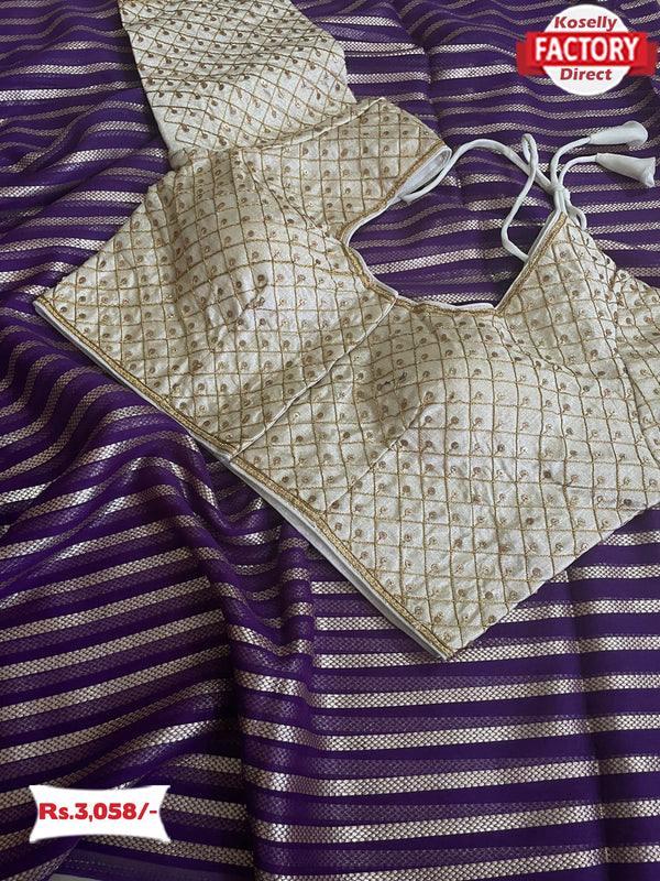 Purple Pure Georgette Zari Stripes Saree With Readymade Blouse