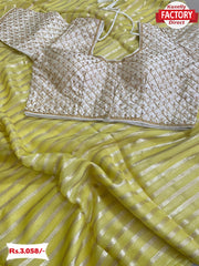 Yellow Pure Georgette Zari Stripes Saree With Readymade Blouse