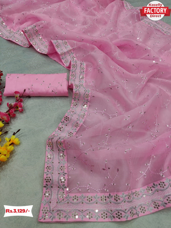 Baby Pink Organza Embroidered Saree