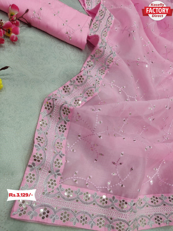 Baby Pink Organza Embroidered Saree