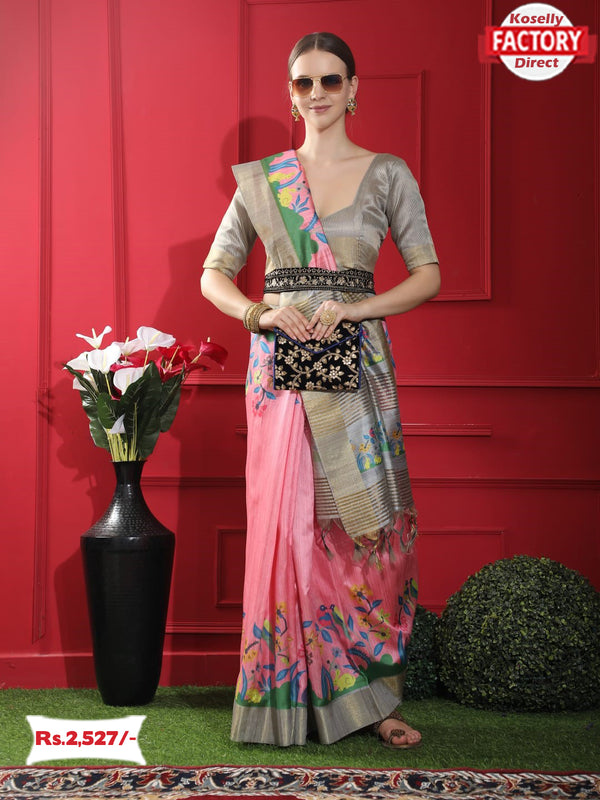 Pink Pure Tussar Silk Digital Printed Saree
