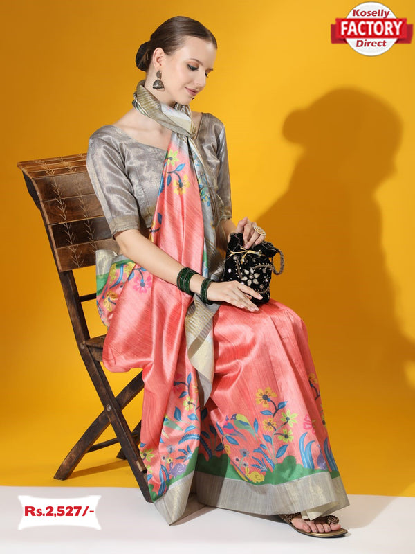 Pink Pure Tussar Silk Digital Printed Saree