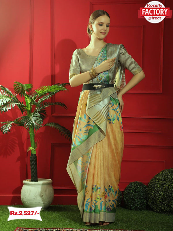 Yellow Pure Tussar Silk Digital Printed Saree