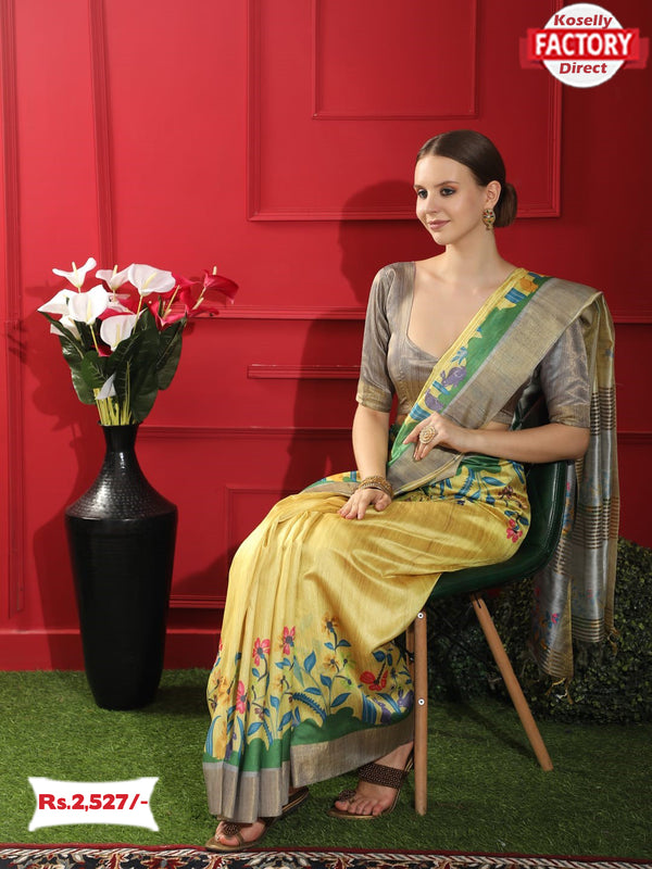 Yellow Pure Tussar Silk Digital Printed Saree