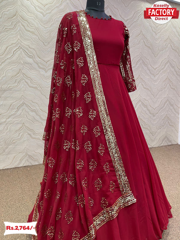 Maroon Georgette Gown With Embroidered Dupatta