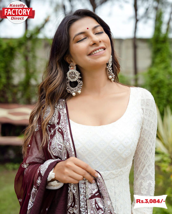 White Embroidered Partywear Gown with Dupatta