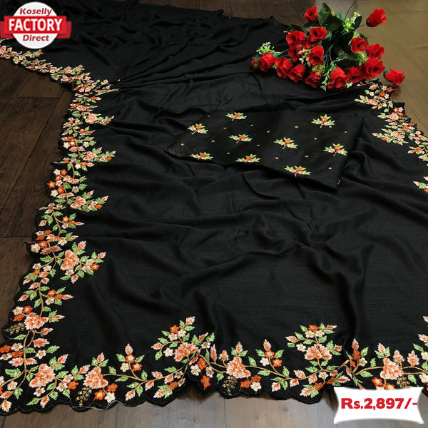 Black Silk Saree With Multi-thread Embroidery