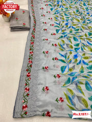 Chiffon Floral Printed Saree With Embroidery