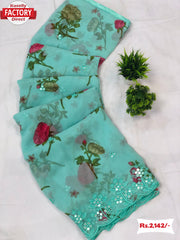 Sky Blue Floral Georgette Saree With Embroidery