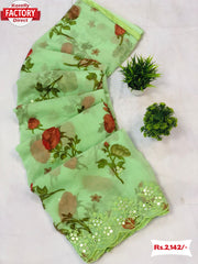 Light Green Floral Georgette Saree With Embroidery