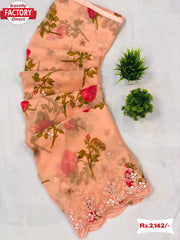 Light Orange Floral Georgette Saree With Embroidery