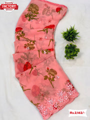 Pink Floral Georgette Saree With Embroidery