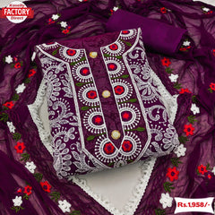 Wine Chikankari Embroidered Kurtha Suruwal Piece