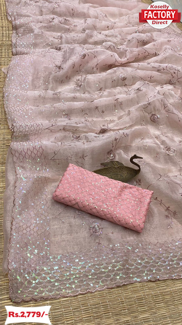 Baby Pink Pure Organza Silk Saree With Embroidery