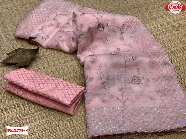 Baby Pink Pure Organza Silk Saree With Embroidery
