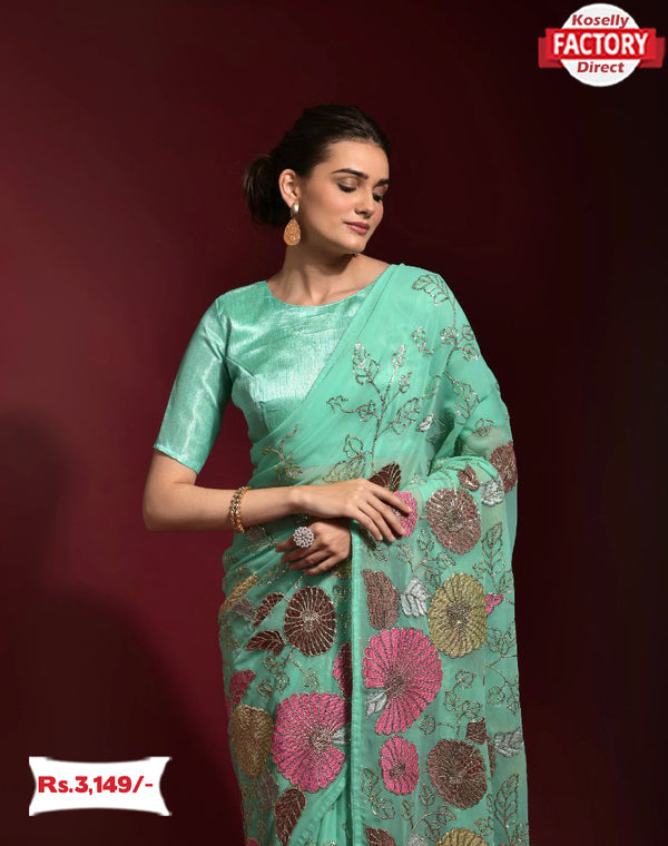 Sea Blue Partywear Georgette Heavy Embroidered Saree