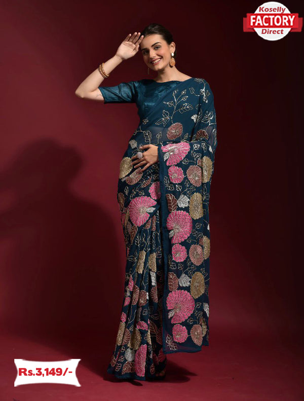 Deep Blue Partywear Georgette Heavy Embroidered Saree