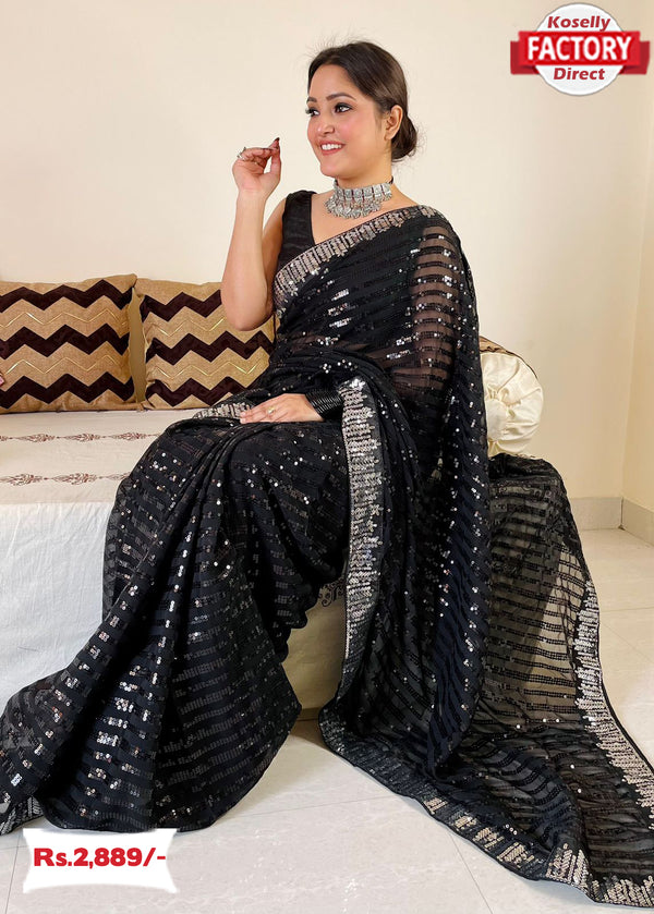 Black Silver Sequins Partywear Saree