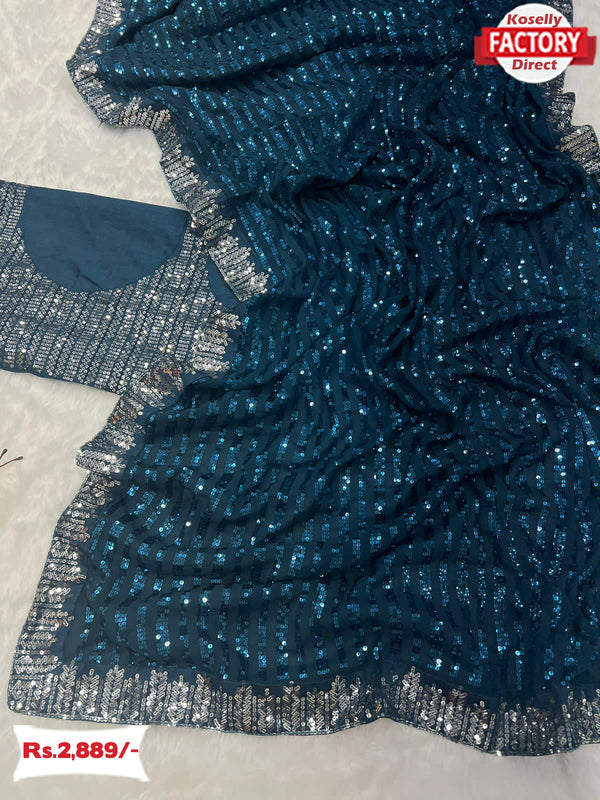 Turquoise Silver Sequins Partywear Saree