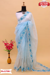 Light Blue Pure Organza Fancy Embroidered Saree