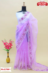 Lavender Pure Organza Fancy Embroidered Saree