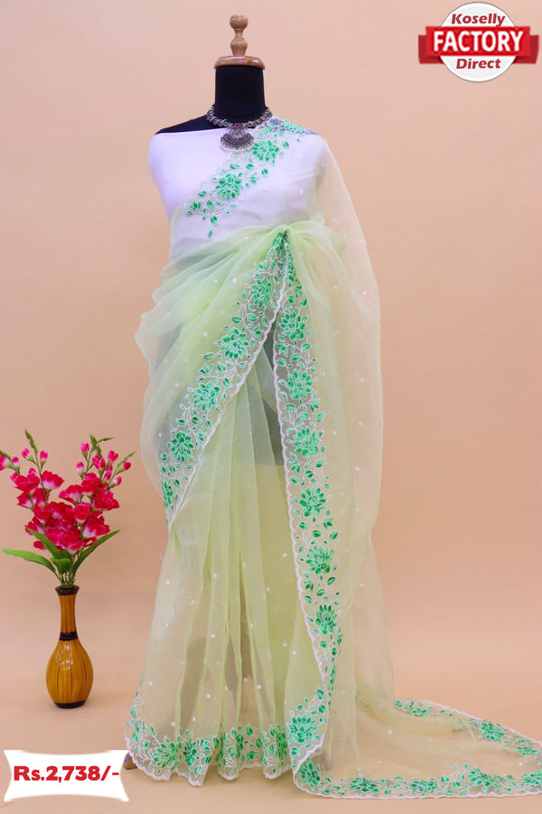 Light Green Pure Organza Fancy Embroidered Saree