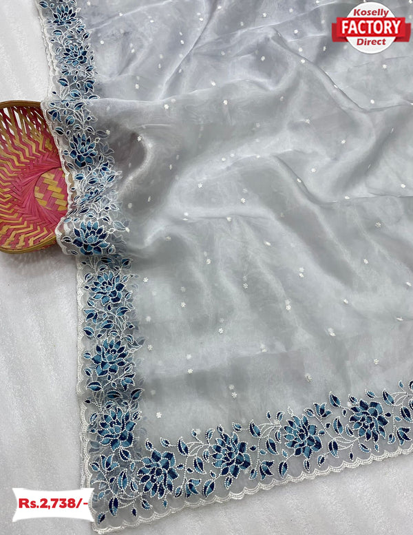 Ash Pure Organza Fancy Embroidered Saree