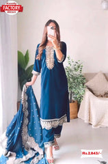 Royal Blue Silk Partywear Kurtha Pant Dupatta Set