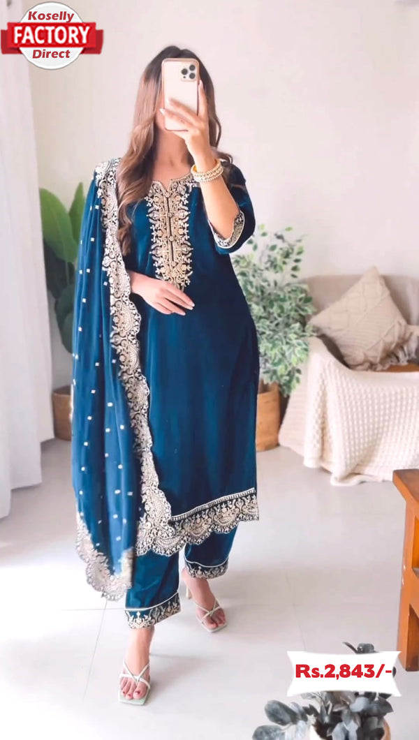 Royal Blue Silk Partywear Kurtha Pant Dupatta Set