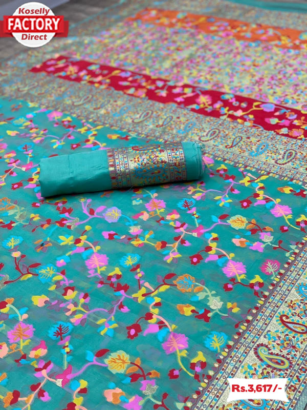 Sky Blue Kashmiri Pure Zari Weaving Silk Saree
