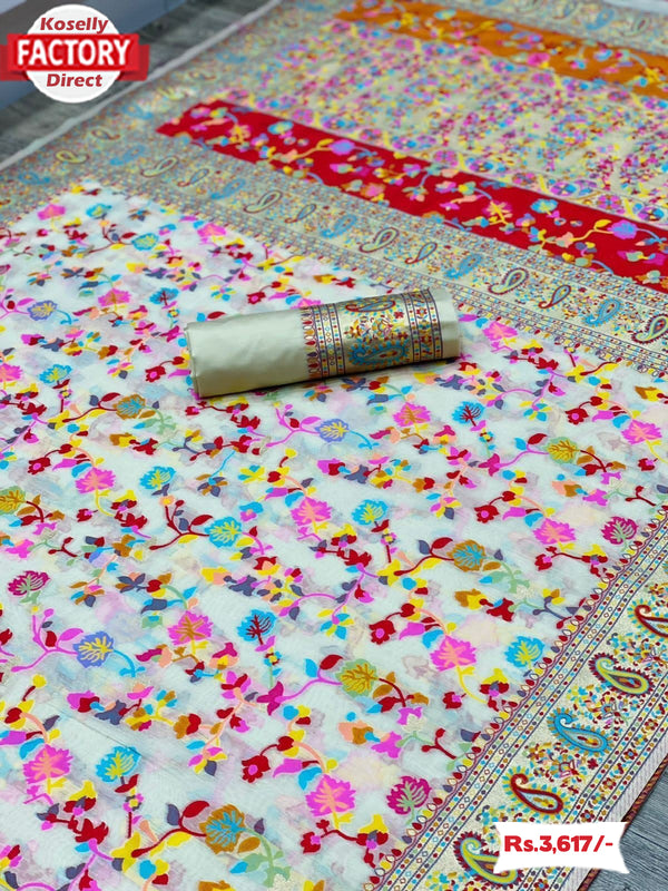 Off-white Kashmiri Pure Zari Weaving Silk Saree