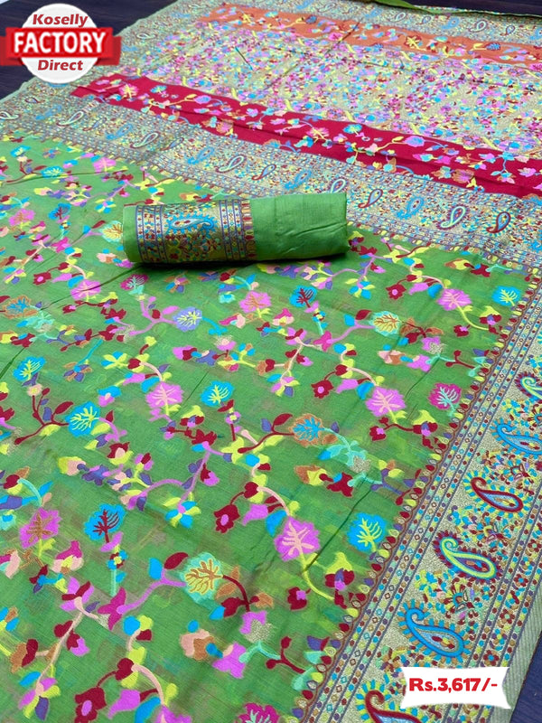Green Kashmiri Pure Zari Weaving Silk Saree
