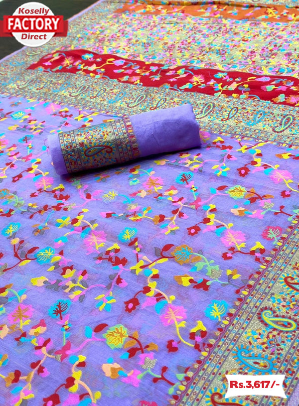 Lavender Kashmiri Pure Zari Weaving Silk Saree