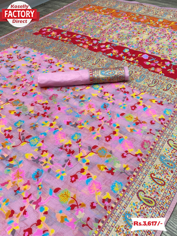 Pink Kashmiri Pure Zari Weaving Silk Saree