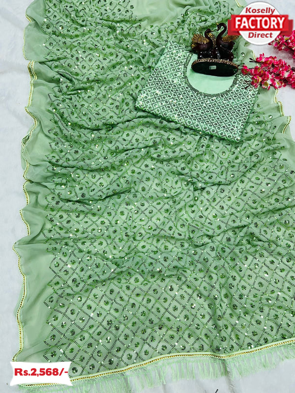 Dusty Green Georgette Partywear Sequins Saree