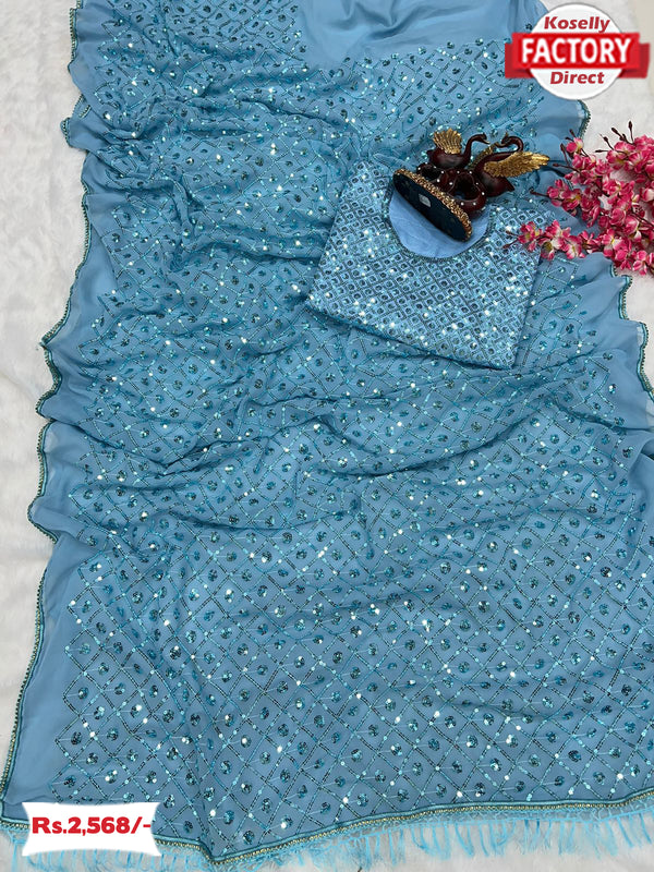 Baby Blue Georgette Partywear Sequins Saree